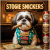 shih tzu in treat-patterned bib holding a lit cigar beside stacked cans of pup-tonics and piles of dog currency