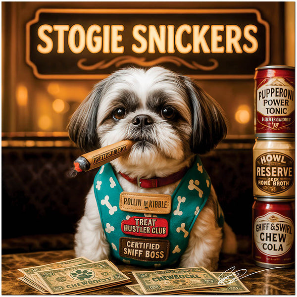 shih tzu in treat-patterned bib holding a lit cigar beside stacked cans of pup-tonics and piles of dog currency