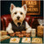 west highland terrier in vest and tie at poker table with patterned chip stacks bone bucks and snack bag under a Tails and Tokens sign