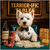 west highland terrier in bow tie at poker table with stacks of chips whiskey bottle and Golden Paw Deck under a Terrier-ific Tables sign