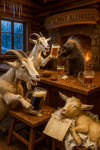 Three goats and a porcupine bartender in a log-cabin bar raising mugs of beer beneath a “The Alpine Alehouse” sign with a snowy mountain visible through the window