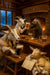 Three goats and a porcupine bartender in a log-cabin bar raising mugs of beer beneath a “The Alpine Alehouse” sign with a snowy mountain visible through the window