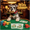 schnauzer at felt table with colorful poker chips and Lazy River Kings playing cards