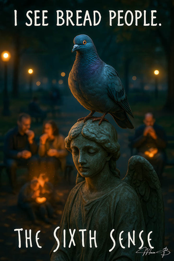 Pigeon on angel statue parodying The Sixth Sense quote I See Bread People humorous artwork