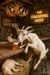Goats in a rustic bar drinking beer under a “The Staggering Hoof” sign with a sleepy kid on hay and an antler chandelier overhead