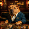 shir pei in pinstriped blazer reading dog magazines beside tin of dog treats in lounge setting under a The Tail Wag Inn sign