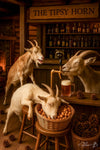 Goats and a raccoon bartender in a rustic forest bar drinking beer from a tap and a sleepy kid goat napping in a basket of nuts under a “The Tipsy Horn” sign