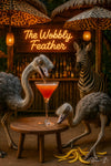 Two ostriches investigating a red cocktail on a wooden stool under a neon “The Wobbly Feather” sign with a zebra bartender and leopard-print umbrellas in a jungle bar setting