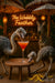 Two ostriches investigating a red cocktail on a wooden stool under a neon “The Wobbly Feather” sign with a zebra bartender and leopard-print umbrellas in a jungle bar setting