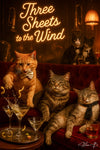 Three stylish cats at a sophisticated lounge creating humorous chaos with spilled martinis and flying olives