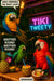 Three parrots at a bamboo tiki bar under a neon “Tiki Tweety” sign, one holding a flaming torch and shouting, with tropical cocktails in pineapple and coconut glasses