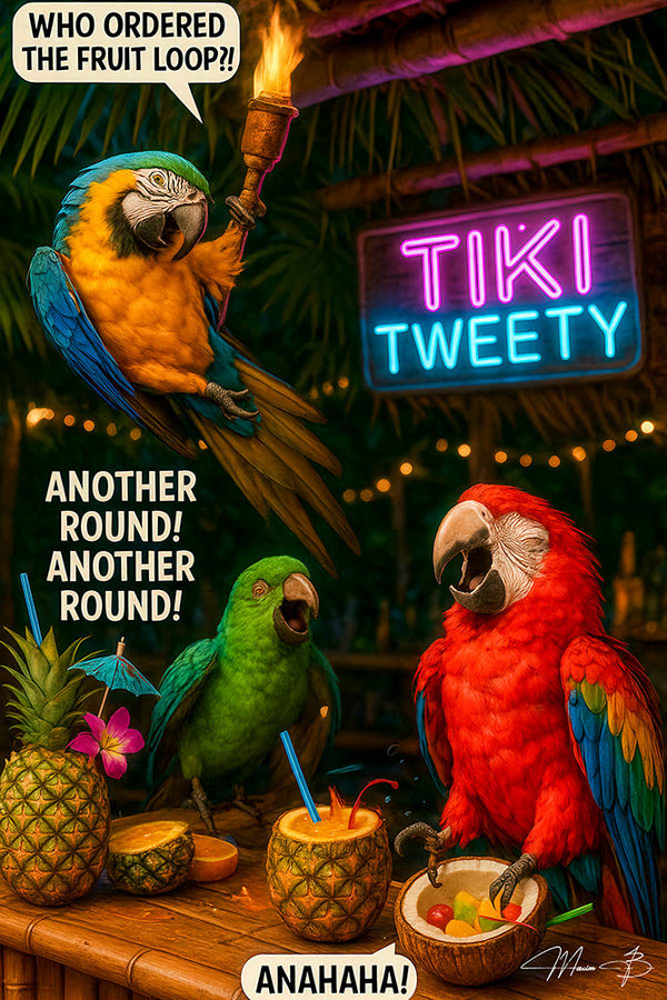 Three parrots at a bamboo tiki bar under a neon “Tiki Tweety” sign, one holding a flaming torch and shouting, with tropical cocktails in pineapple and coconut glasses
