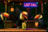 Toucan dressed in a blazer holding a cocktail in a bar scene – humorous metal wall art titled “Last Call”