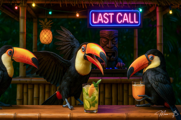 Toucan dressed in a blazer holding a cocktail in a bar scene – humorous metal wall art titled “Last Call”