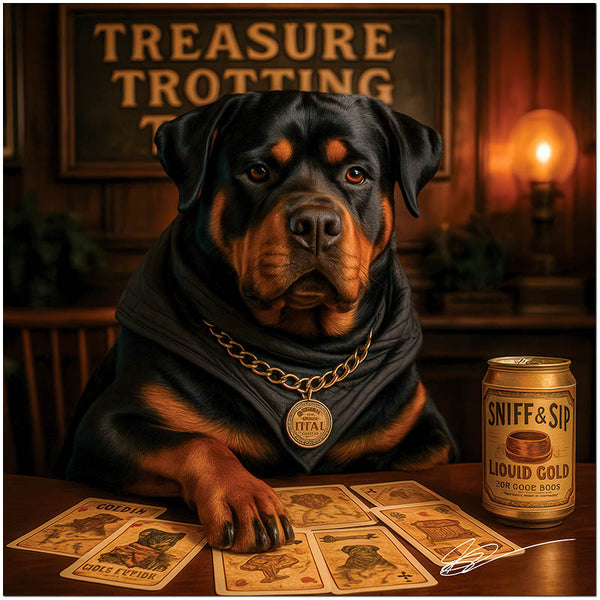 Treasure Trotting Titan metal print featuring a stylish Rottweiler playing cards at a vintage gaming table
