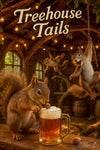 Squirrels in a treehouse bar cracking walnuts into frothy mugs under a “Treehouse Tails” sign on a Metal Print