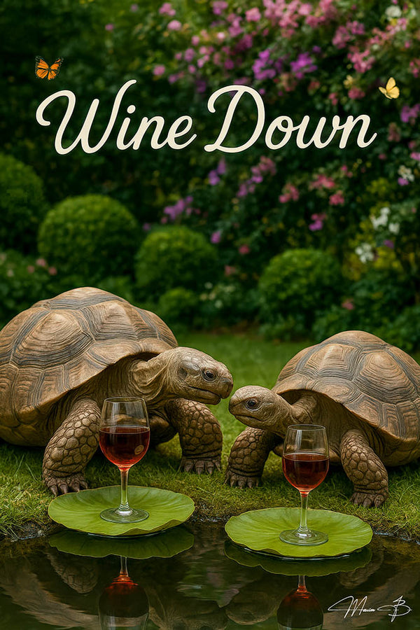 Two tortoises by a pond with wine glasses on lily pads under the words “Wine Down” in a lush garden setting