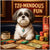 shih tzu in white collar at lounge table with tins of treats, treat-cigar rolls, colorful treat sticks, and custom Bark Bucks under Tzu-Mendous Fun sign