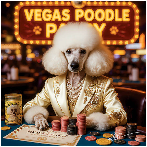 Vegas Poodle Party metal print featuring an elegant Poodle in a golden jacket with poker chips at a glamorous casino