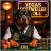 Vegas Rottweiler Roll metal print featuring an elegantly dressed Rottweiler at a luxurious casino poker table