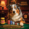 Vegas Vegemite Australian Shepherd Dog Playing Poker with Chips and Dice at Casino Bar