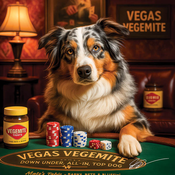 Vegas Vegemite Australian Shepherd Dog Playing Poker with Chips and Dice at Casino Bar