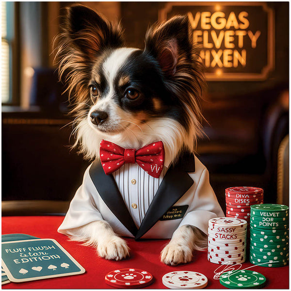 Papillon dog artwork titled Vegas Velvety Vixen on metal print depicting a stylish and luxurious casino poker setting