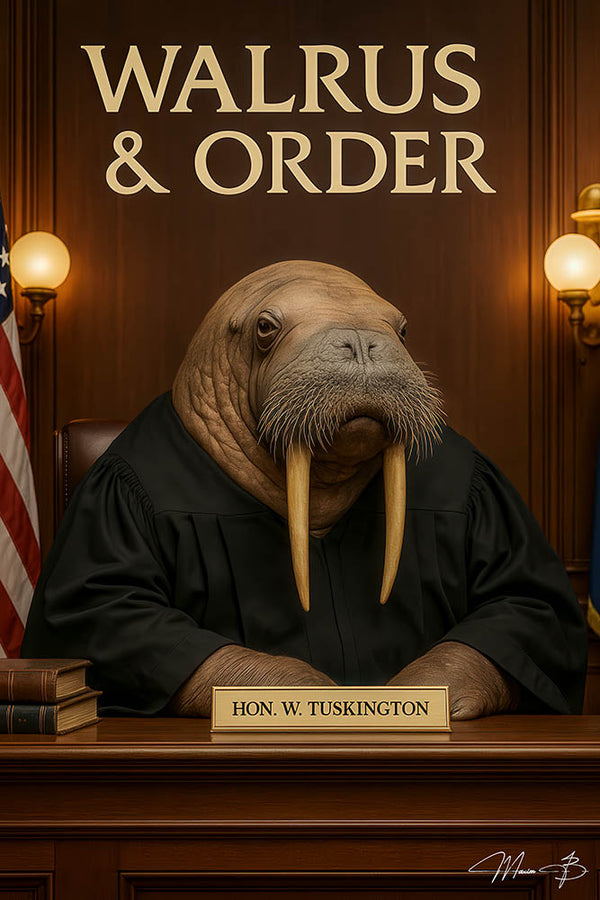Funny walrus judge presiding in courtroom pun artwork
