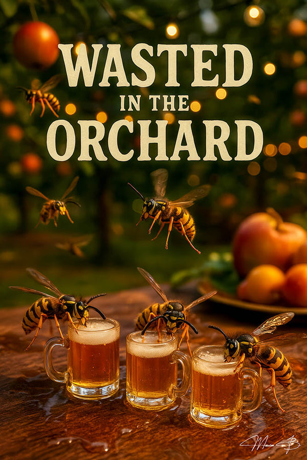 Wasps drinking apple-cider mugs under an orchard bokeh backdrop on a Metal Print