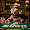 weimaraner in fedora and “All Barks No Bluffs” collar leaning on poker table with red white and blue chips under a Weim-tensity Poker sign