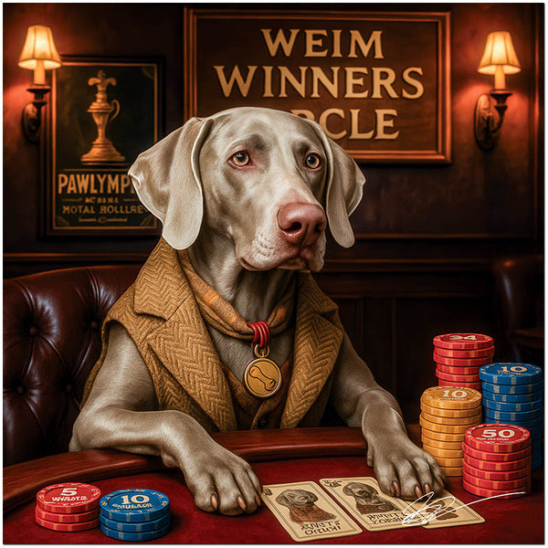 weimaraner wearing a champion medal and vest at a poker table with stacks of chips under a Weim Winners Circle sign