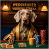 weimaraner wearing gold vest and champion medal at poker table with stacks of red 50 woofs blue 10 bones and yellow 5 snifes poker chips under a Weimaraner Winning Streak sign