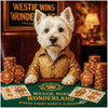 west highland terrier in gold coat at green poker table with stacks of dog-themed chips under a Westie Wins Wonderland sign