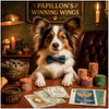 Papillon's Winning Wings metal print showing a stylish Papillon dog at a candlelit poker table with poker chips and playing cards