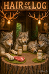 Four wolves sitting around a log table drinking “Fobest Hangover Cure” in a rustic woodland bar setting – funny hangover-themed metal print