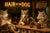 Three wolves at a rustic lodge bar drinking coffee and a mimosa under a sign that reads “No Howling Before Coffee” – funny morning-themed metal print