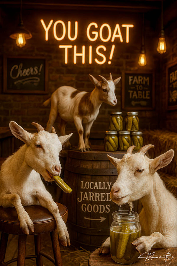 Three goats in a rustic barn eating pickles from mason jars under a neon “You Goat This!” sign with “Locally Jarred Goods” barrel and chalkboard menus